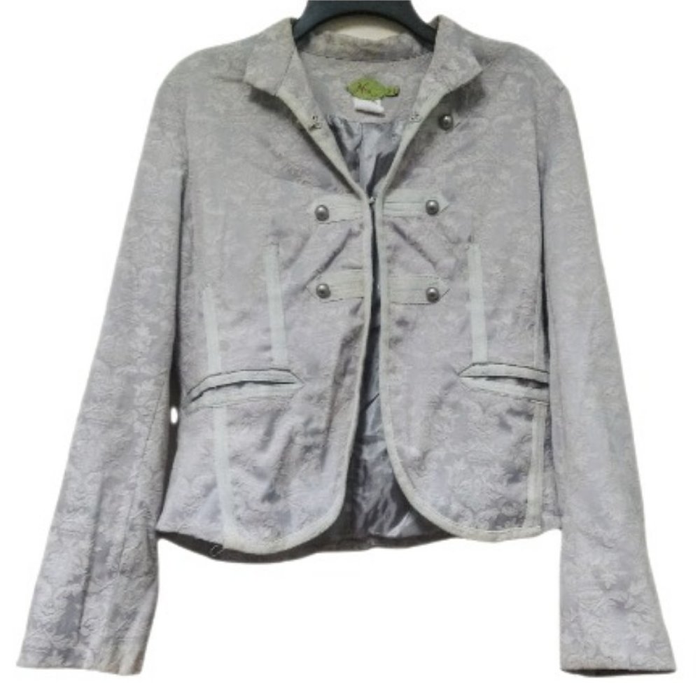 Gray Floral Print Hook Eye Closure Jacket with Beaded Sleeves Size L